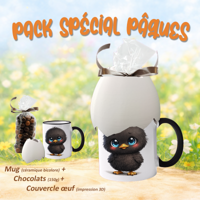 Pack cadeau Pâques mug poussin noir kawaii avec chocolats et couvercle œuf – prêt à offrir