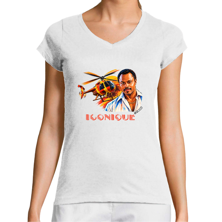 T-SHIRT FEMME COL V KLASSS VINTAGE "ICONIQUE HELICOPTERE MAGNUM" - Coupe très ajustée