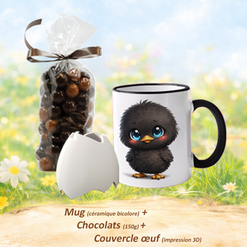 Pack cadeau Pâques mug poussin noir kawaii avec chocolats et couvercle œuf – prêt à offrir