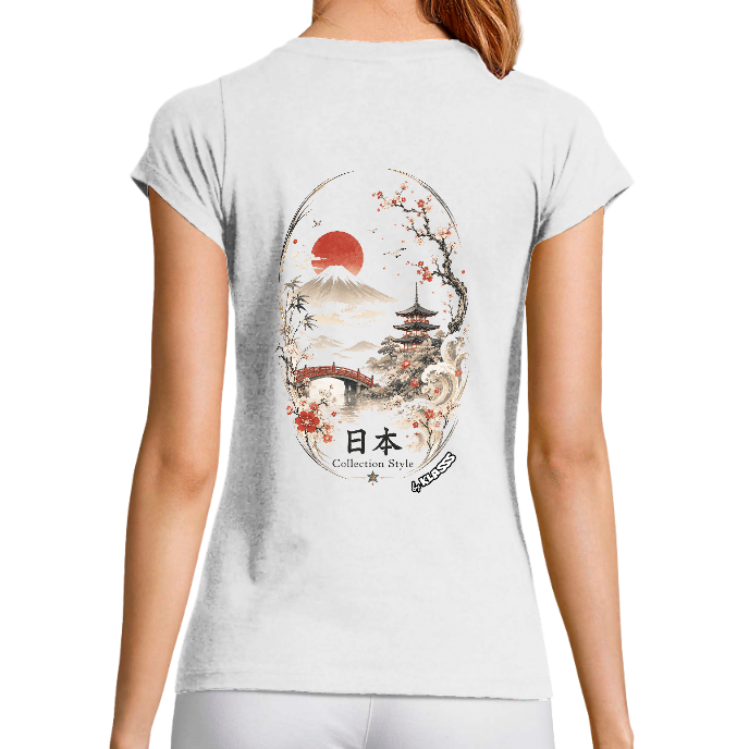T-SHIRT FEMME COL V KLASSS "JAPAN FUJI ART" - Coupe très ajustée, design moderne et chic
