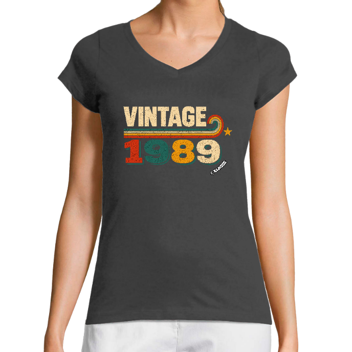 T-SHIRT FEMME COL V KLASSS "VINTAGE 1989" - Coupe très ajustée, design Chic