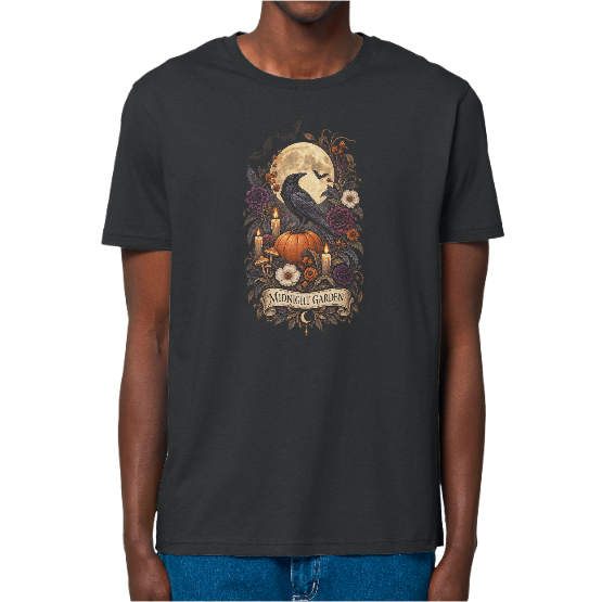 T-shirt Halloween Midnight Garden – Corbeau, citrouille et pleine lune