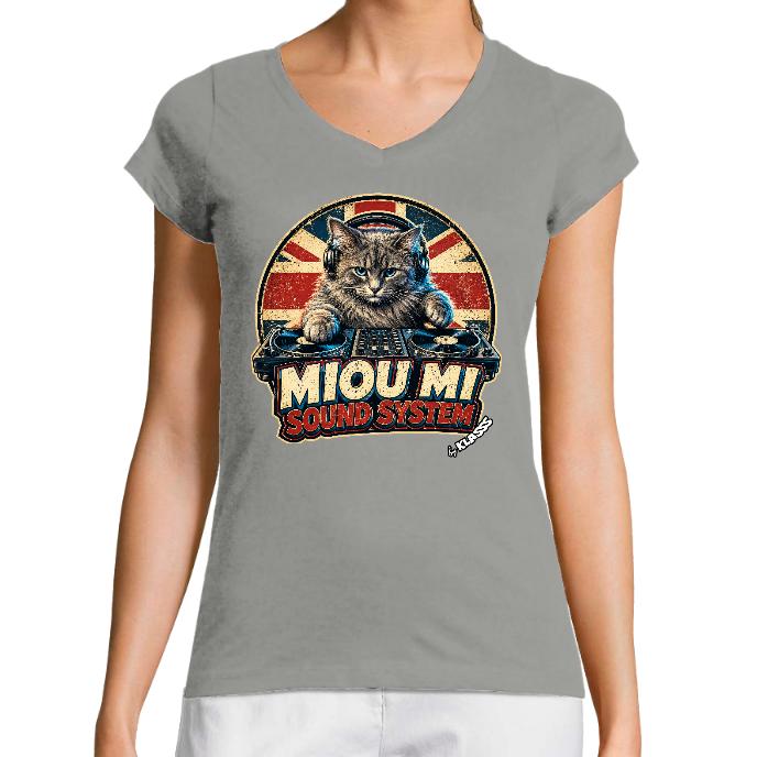 T-SHIRT FEMME COL V KLASSS "MIOU MI SOUND SYSTEM" - Coupe très ajustée, design VINTAGE Chic