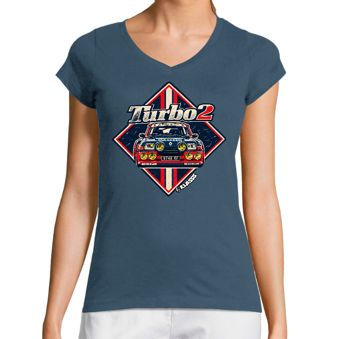 T-SHIRT FEMME COL V KLASSS "VINTAGE R5 TURBO 2" - Coupe très ajustée, design Automobile