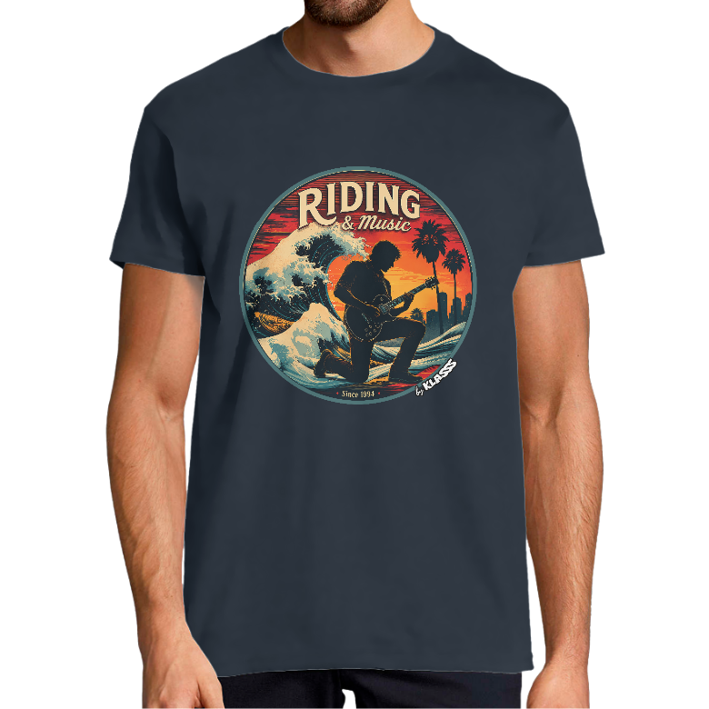 T-SHIRT HOMME KLASSS MUSIQUE VINTAGE "RIDING and MUSIC", col rond 150 gr