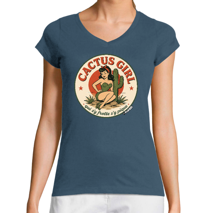 T-SHIRT FEMME KLASSS VINTAGE "CACTUS GIRL" - COL V  Coupe très ajustée