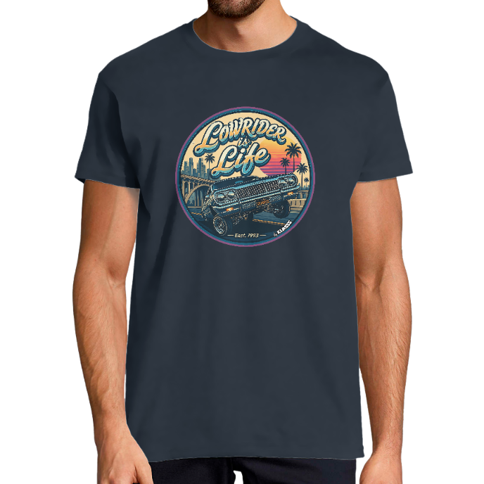 T-SHIRT HOMME "LOWRIDER IS LIFE" BLUE CALIFORNIA KLASSS col rond 190 gr