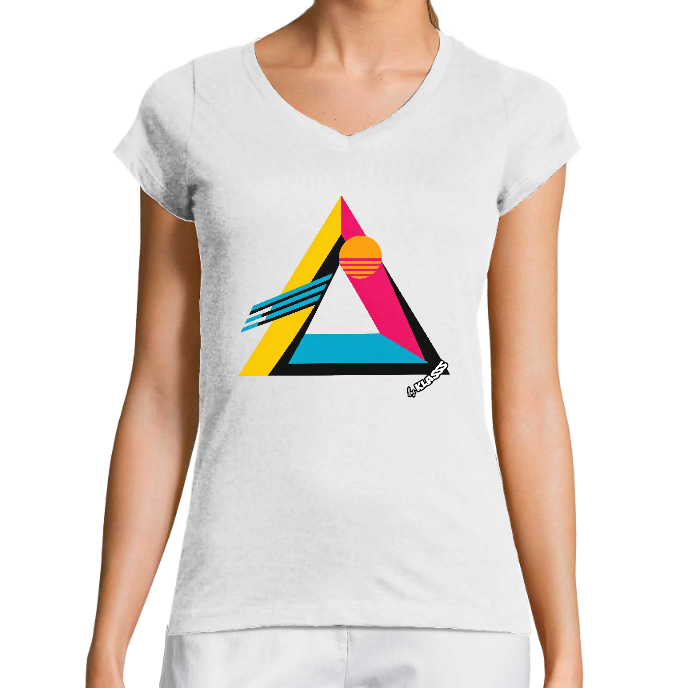 T-SHIRT FEMME COL V KLASSS VINTAGE "TRIANGLE ART 80S" - Coupe très ajustée, design Original