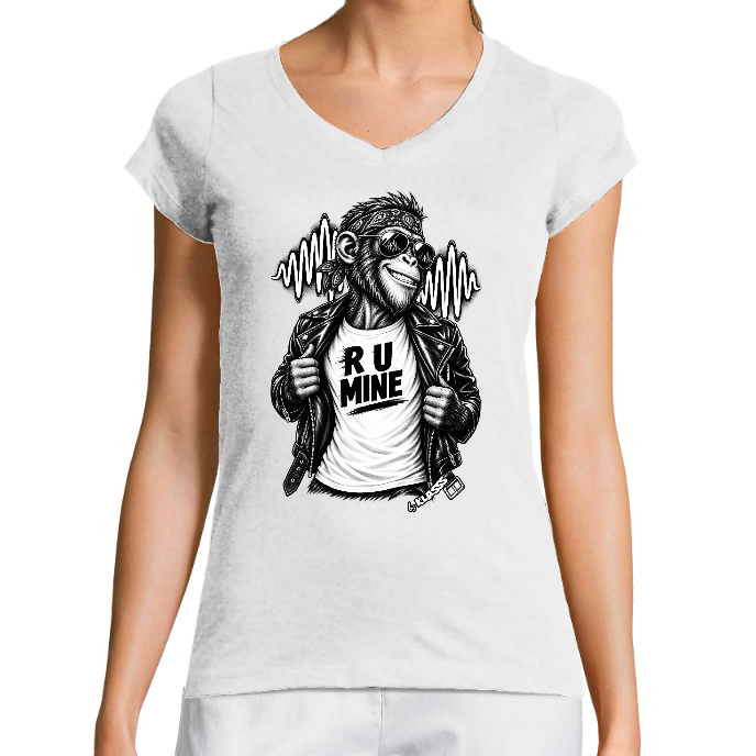 T-SHIRT FEMME COL V KLASSS "R U MINE MONKEYS" - Coupe très ajustée, design MUSIQUE ROCK Chic
