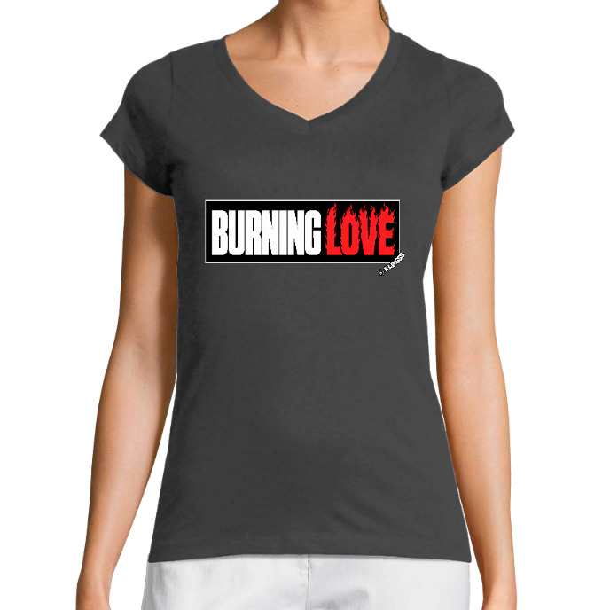 T-SHIRT FEMME COL V KLASSS "BURNING LOVE" Style Flamme - Coupe très ajustée