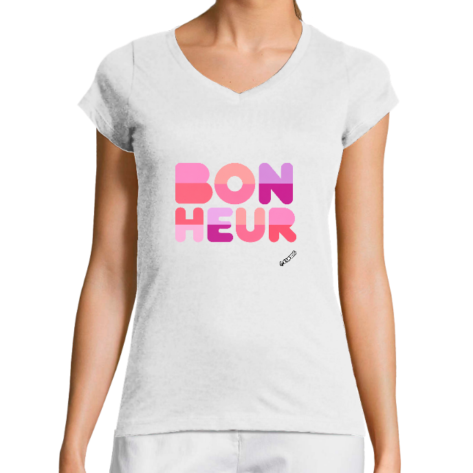 T-SHIRT FEMME COL V KLASSS "BONHEUR" - Coupe très ajustée, design moderne et chic