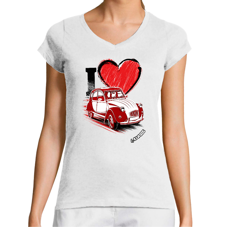 T-SHIRT FEMME COL V KLASSS VINTAGE "I LOVE 2 CV" - Coupe très ajustée, design Automobile