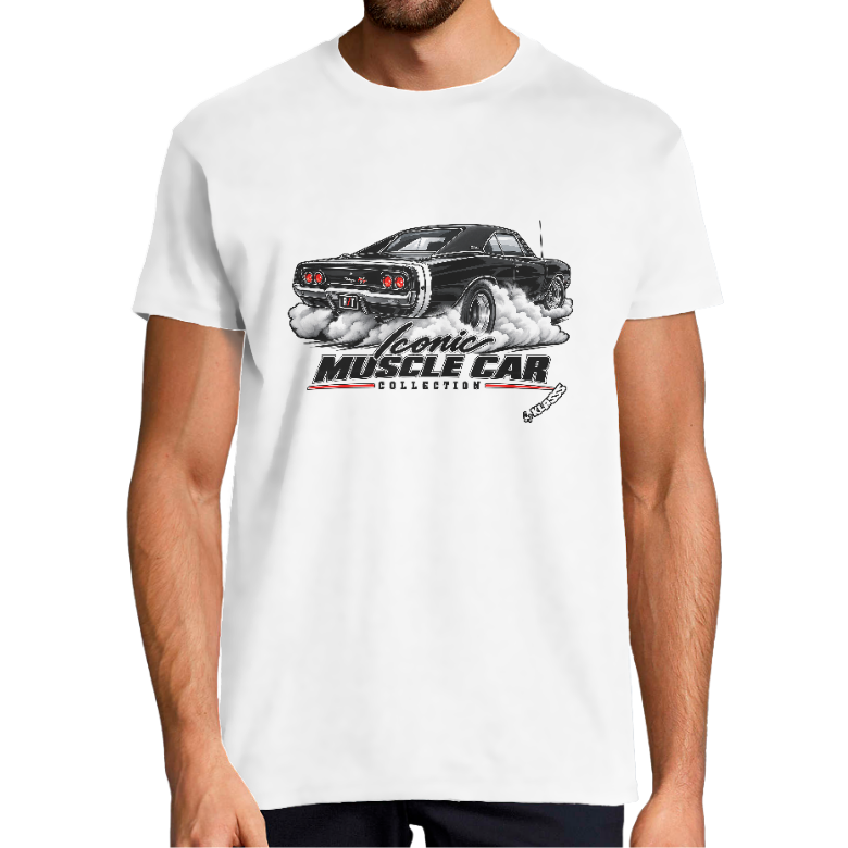 T-SHIRT HOMME KLASSS VINTAGE "MUSCLE CAR COLLECTION ICONIC", automobile, col rond 190 gr