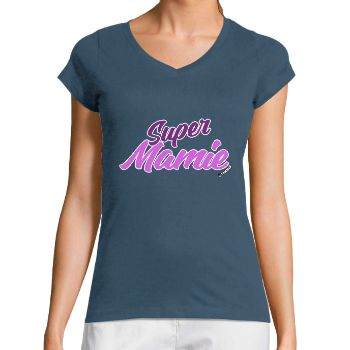 T-SHIRT FEMME COL V KLASSS "SUPER MAMIE" - Coupe très ajustée, design Chic