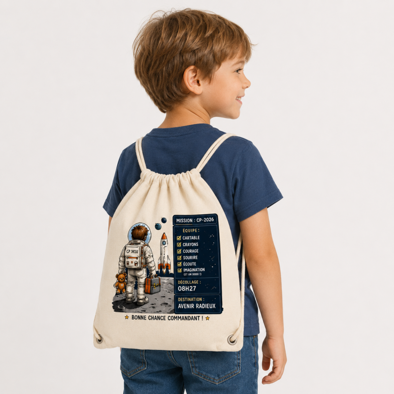 Sac à dos à cordons rentrée scolaire – Mission CP 2026 – Bonne chance commandant !
