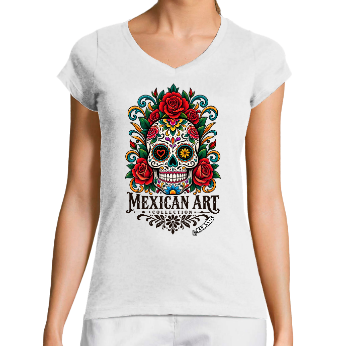 T-SHIRT FEMME COL V KLASSS "MEXICAN ART Collection" - Coupe très ajustée, design Chic
