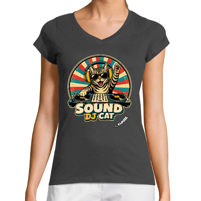 T-SHIRT FEMME COL V KLASSS "SOUND DJ CAT" - Coupe très ajustée, design VINTAGE Chic