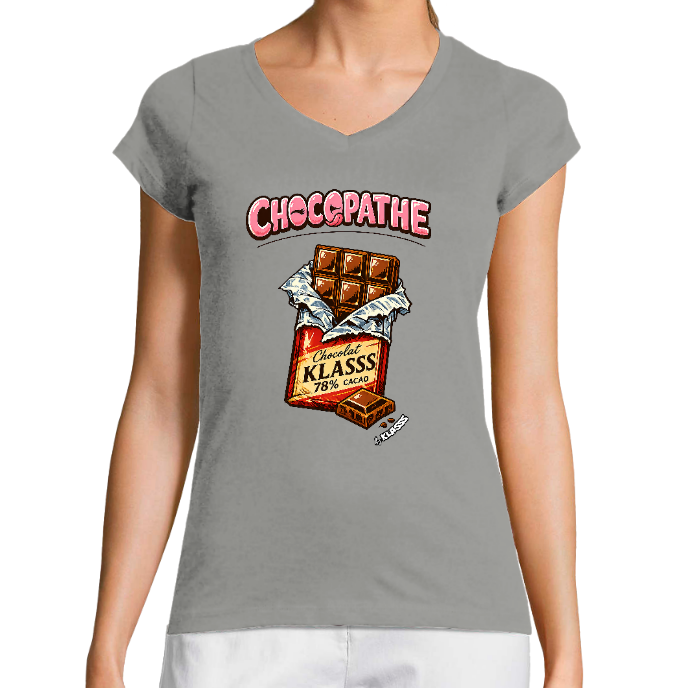 T-SHIRT FEMME COL V KLASSS "CHOCOPATHE" - Coupe très ajustée, design Vintage