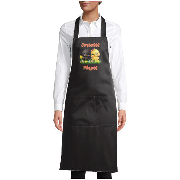 Tablier de cuisine noir Pâques « Joyeuses Pâques » – Poussins mignons style kawaii