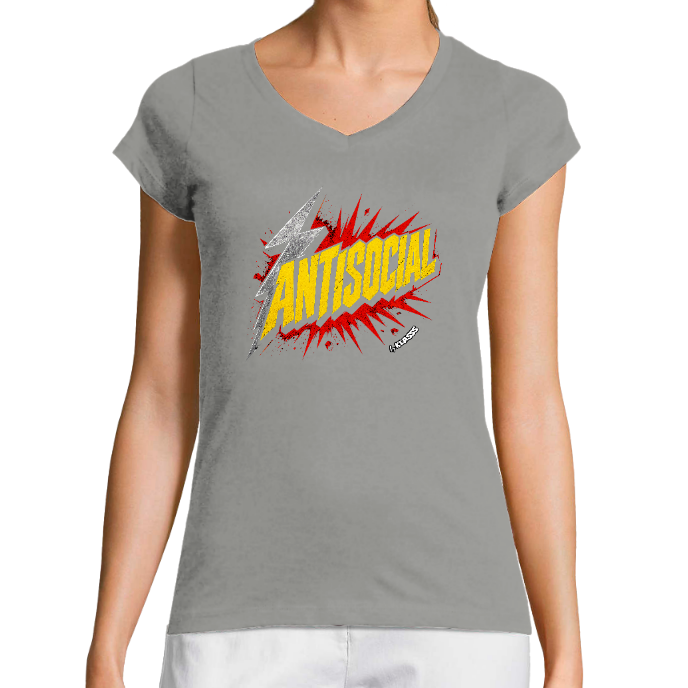 T-SHIRT FEMME COL V KLASSS "ANTISOCIAL" Style, coton bio - Coupe très ajustée