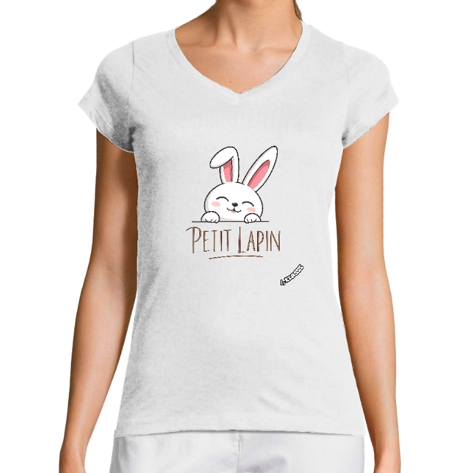 T-SHIRT FEMME COL V KLASSS "PETIT LAPIN" - Coupe très ajustée, design moderne
