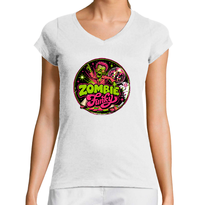 T-SHIRT FEMME COL V KLASSS "ZOMBIE FUNKY" - Coupe très ajustée, design moderne et chic