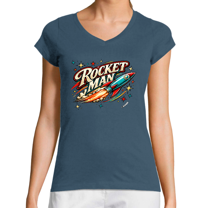 T-SHIRT FEMME COL V KLASSS "ROCKET MAN" - Coupe très ajustée, design moderne et chic