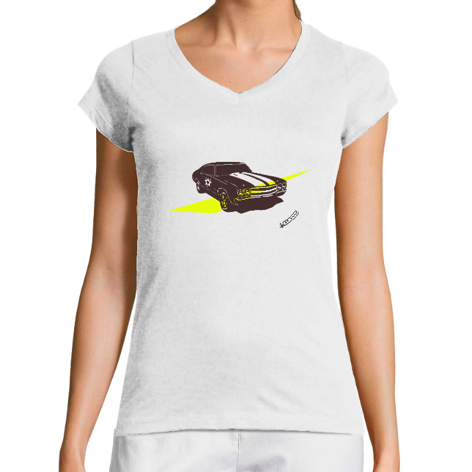 T-SHIRT FEMME COL V KLASSS "OLD CAR" Style 70 - Coupe très ajustée