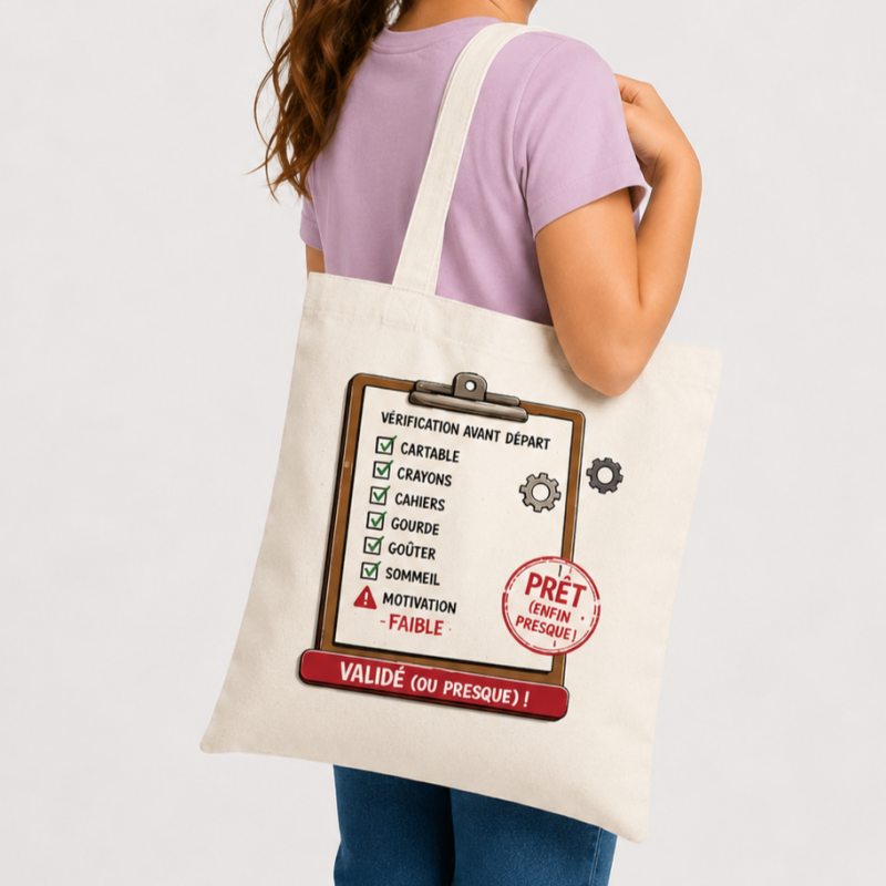 Tote bag rentrée scolaire – Vérification avant départ – Validé (ou presque) !