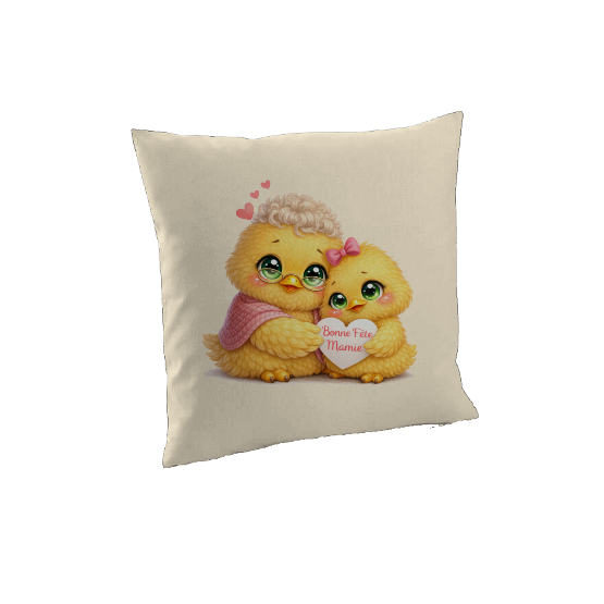 Housse de Coussin "Bonne Fête Mamie" – Duo de Poussins Adorables