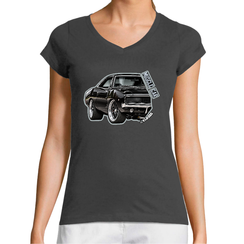 T-SHIRT FEMME COL V KLASSS VINTAGE "MUSCLE CAR CHARGER" - Coupe très ajustée, design Automobile