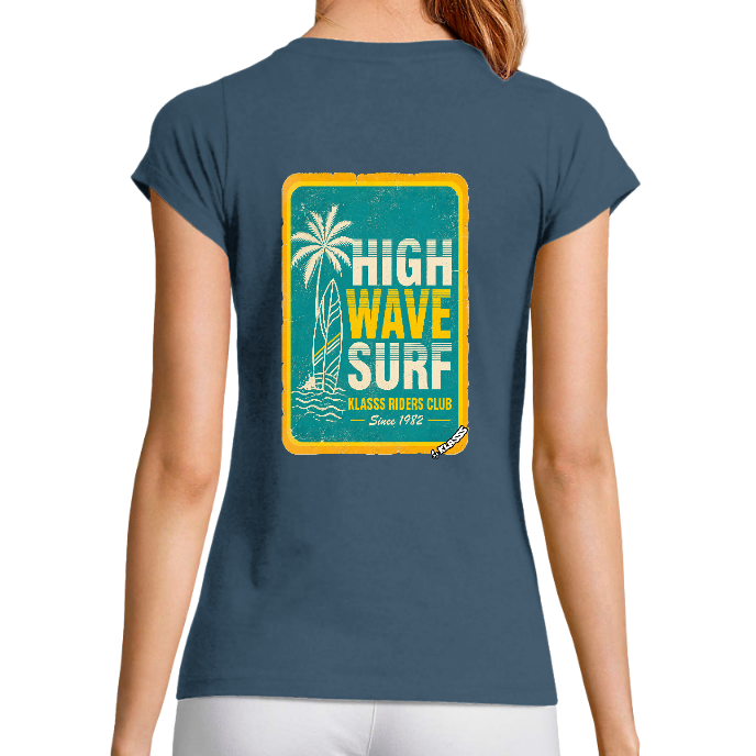 T-SHIRT FEMME COL V KLASSS "HIGH WAVE SURF" - Coupe très ajustée, design VINTAGE Chic