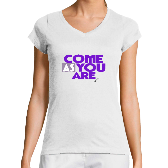 T-SHIRT FEMME COL V Blanc KLASSS "COME AS YOU ARE" - Coupe très ajustée