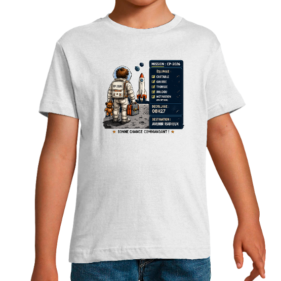 T-shirt garçon rentrée scolaire – Mission CP 2026 – Bonne chance commandant !