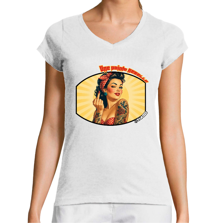 T-SHIRT FEMME COL V KLASSS "UNE POINTE REBELLE" - Coupe très ajustée, design VINTAGE PIN-UP