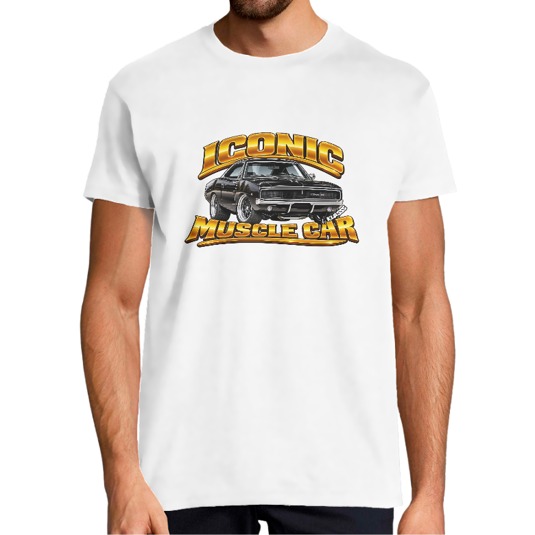 T-SHIRT HOMME KLASSS VINTAGE AUTOMOBILE "ICONIC MUSCLE CAR", col rond 190 gr
