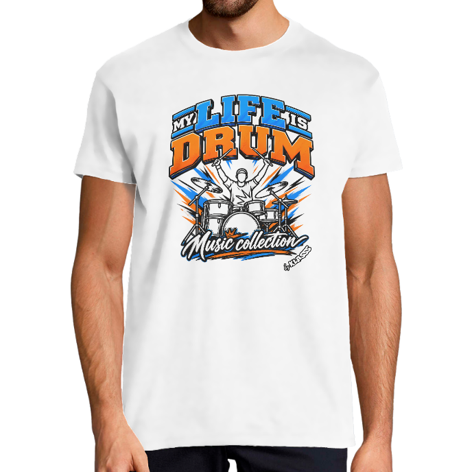T-SHIRT HOMME KLASSS MUSIQUE "MY LIFE IS DRUM", col rond 190 gr