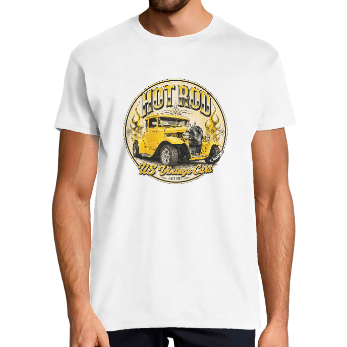 T-SHIRT HOMME KLASSS "HOT ROD Yellow Us Vintage" - Style California col rond