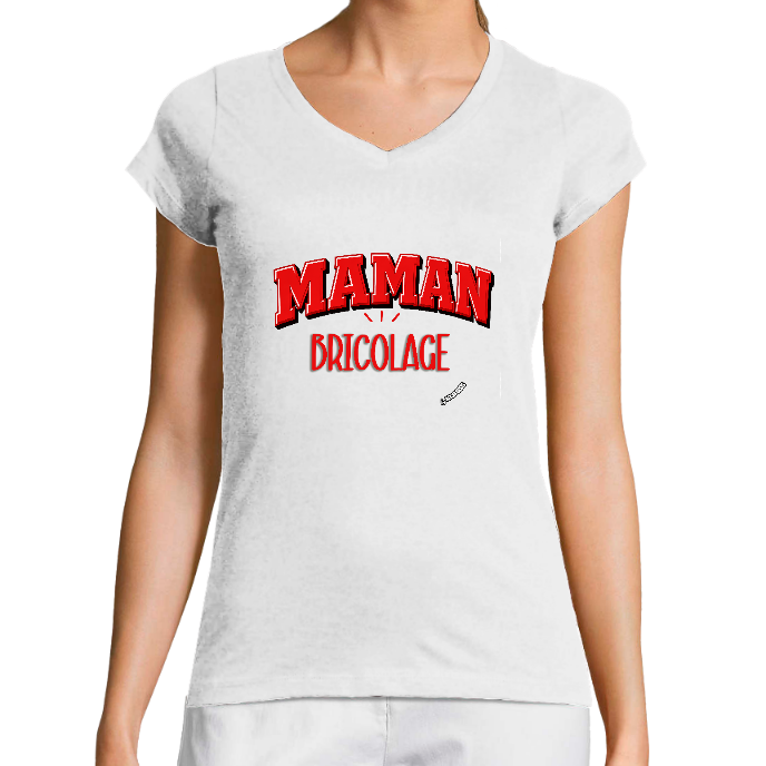 T-SHIRT FEMME COL V KLASSS "MAMAN BRICOLAGE" - Coupe très ajustée, design moderne et chic