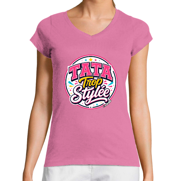 T-SHIRT FEMME COL V KLASSS "TATA Trop Stylée" - Coupe très ajustée, design VINTAGE Girl