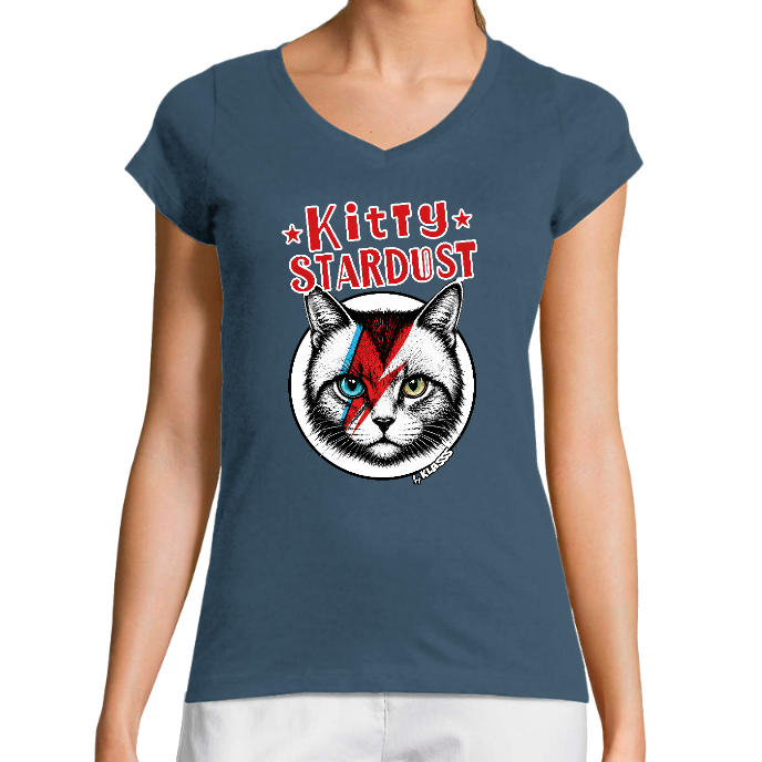T-SHIRT FEMME COL V KLASSS "KITTY STARDUST" - Coupe très ajustée, design VINTAGE ROCK CHAT