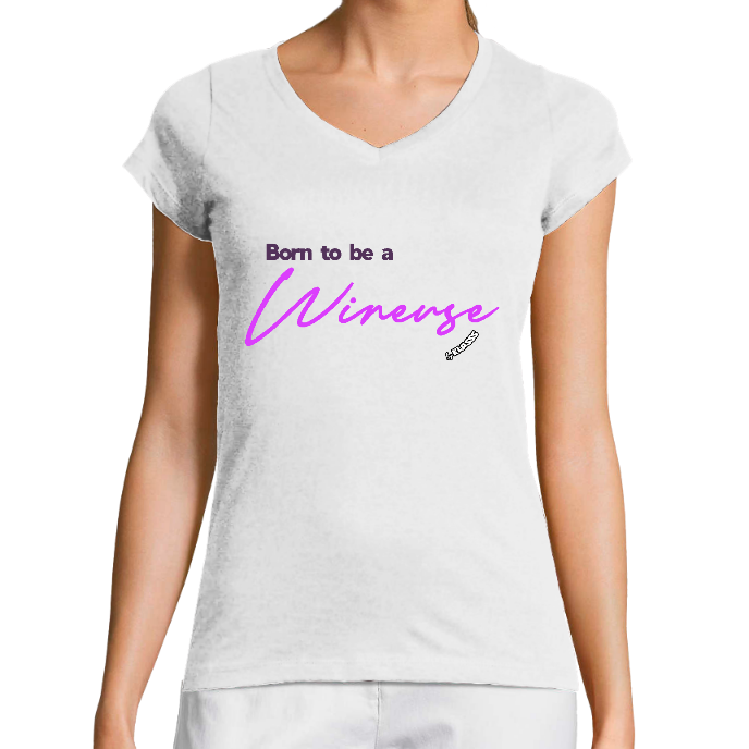 T-SHIRT FEMME COL V KLASSS Blanc "BORN TO BE A WINEUSE" - Coupe très ajustée, design humour