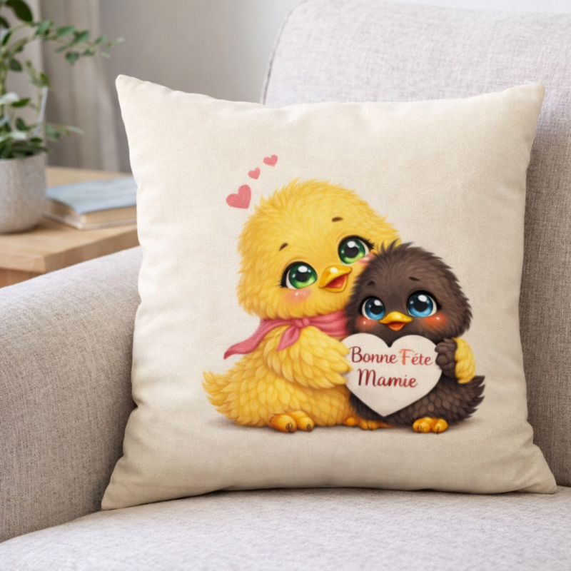 Housse de Coussin "Bonne Fête Mamie" – Duo de Poussins Tendres