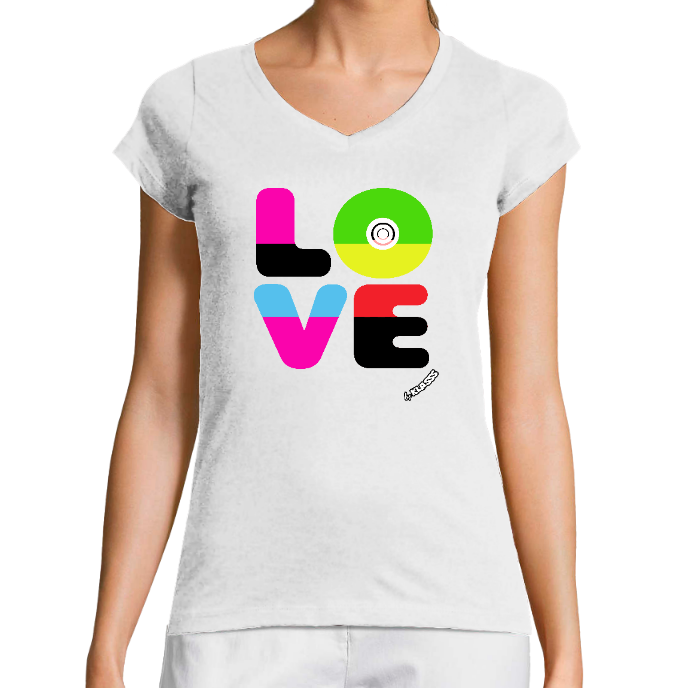 T-SHIRT FEMME COL V KLASSS "LOVE COLOURS" - Coupe très ajustée, design moderne et chic