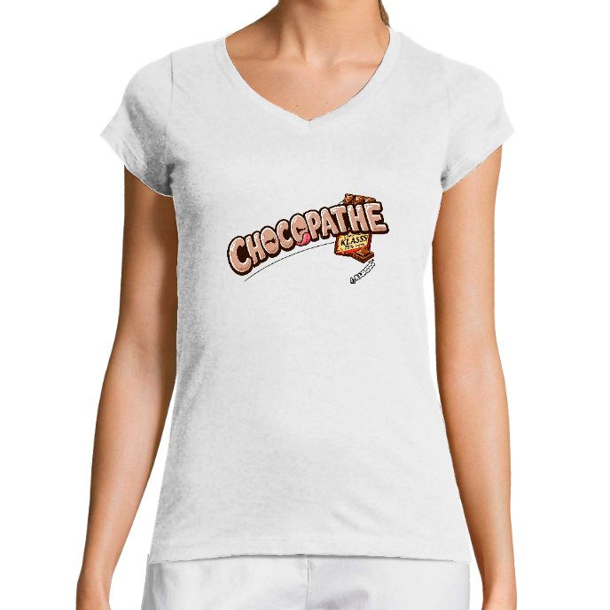 T-SHIRT FEMME COL V KLASSS "CHOCOPATHE TABLETTE" - Coupe très ajustée, design Vintage