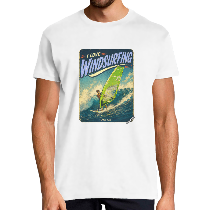 T-shirt Homme Vintage "I LOVE WINDSURFING blue" KLASSS col rond 190 gr 