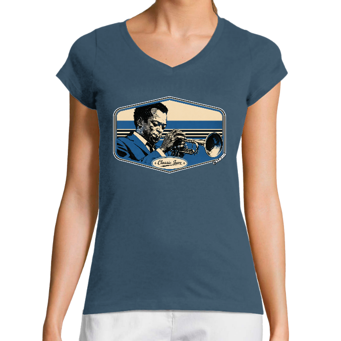 T-SHIRT FEMME COL V KLASSS "CLASSIC JAZZ" - Coupe très ajustée, design VINTAGE Chic