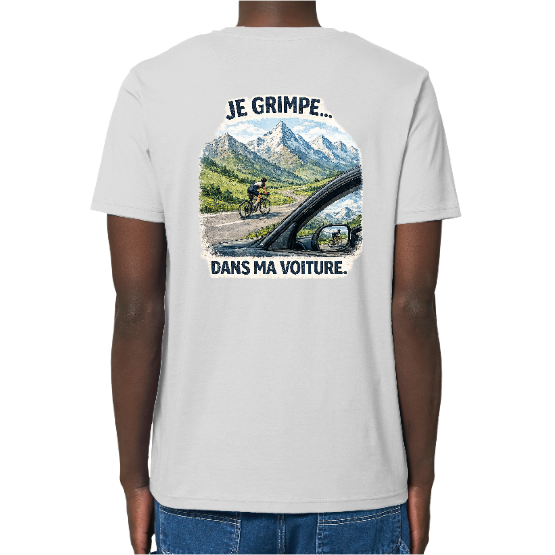 T-shirt Bio Homme "Je grimpe… dans ma voiture" – Humour Cyclisme