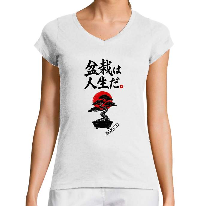 T-SHIRT FEMME COL V KLASSS ART BONZAI ART DE VIVRE" - Coupe très ajustée, design Original