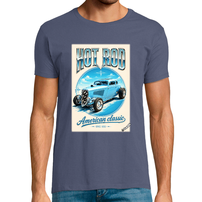 T-shirt Homme col rond REGENT FIT KLASSS "HOT ROD RECT Blue Vintage"